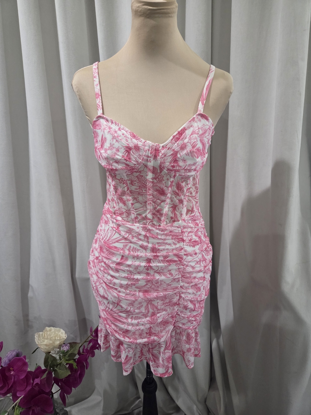 Pink Floral Ruched Spaghetti-Strap Mini Dress